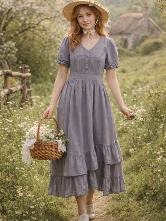 Baltic Born Dresses & Skirts - Baltic Born blue midi dress XS puff sleeves tiered pleats cottage core prairie